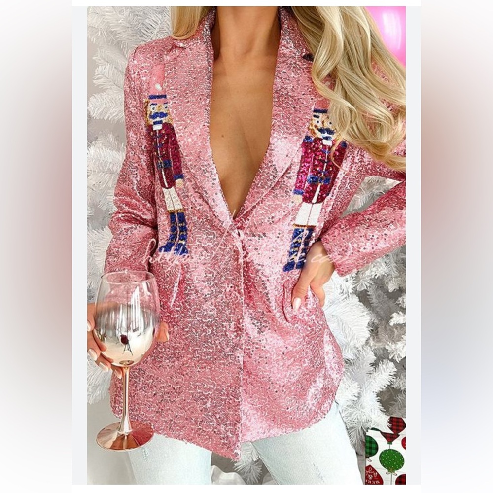 FANTASTIC FAWN Pink Sequin Nutcracker Blazer Christmas Holiday Party Jacket L